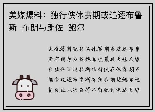 美媒爆料：独行侠休赛期或追逐布鲁斯-布朗与朗佐-鲍尔